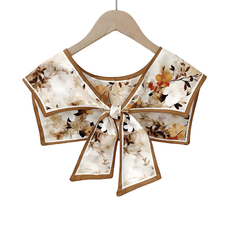 Женски шал с имитационна яка – изкуствена коприна, флорален принт, плоско тъкане, сатенен финиш, декоративно украшение