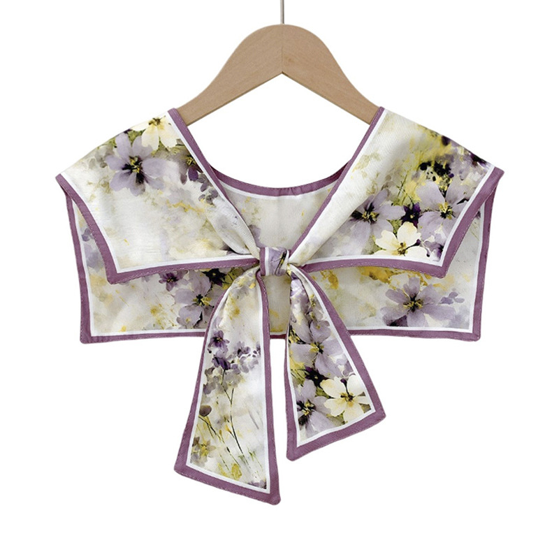 Женски шал с имитационна яка – изкуствена коприна, флорален принт, плоско тъкане, сатенен финиш, декоративно украшение