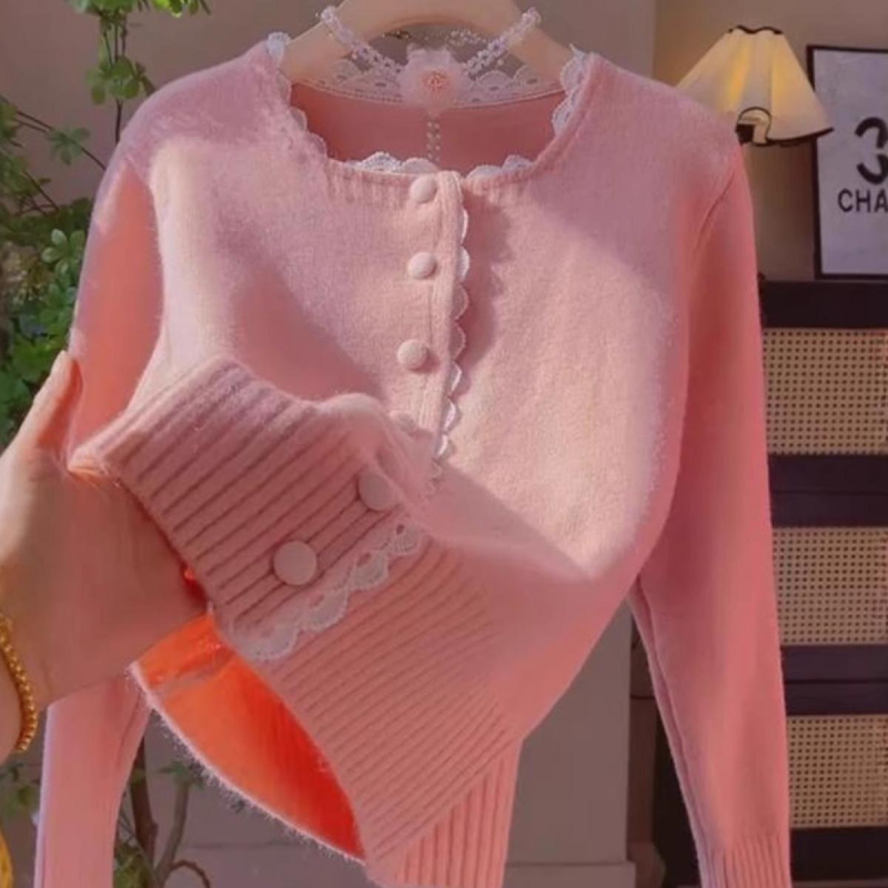 Pleten kardigan za žene s 3D uzorkom, okrugli izrez, dugi rukavi