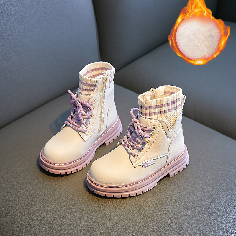 Παιδικά μποτάκια Μάρτιν για κορίτσια, πριγκιπικό στυλ, αδιάβροχα και αντιολισθητικά, καουτσούκ σόλα, πλαϊνό φερμουάρ, χαμηλός ύψος, ριγέ σχέδιο