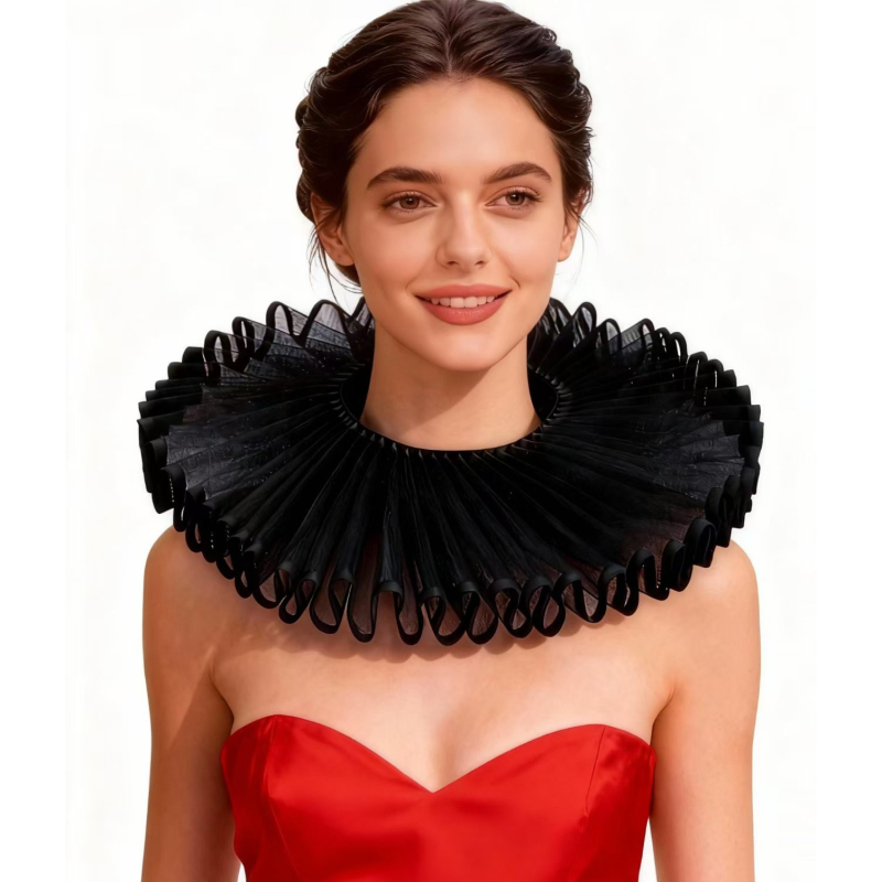 Ruff ovratnik – Elizabethan retro cosplay dodatak, srednjovjekovni renesansni stil, Shakespeareov uzorak, mrežasti materijal, podstava od poliestera, proljeće 2025
