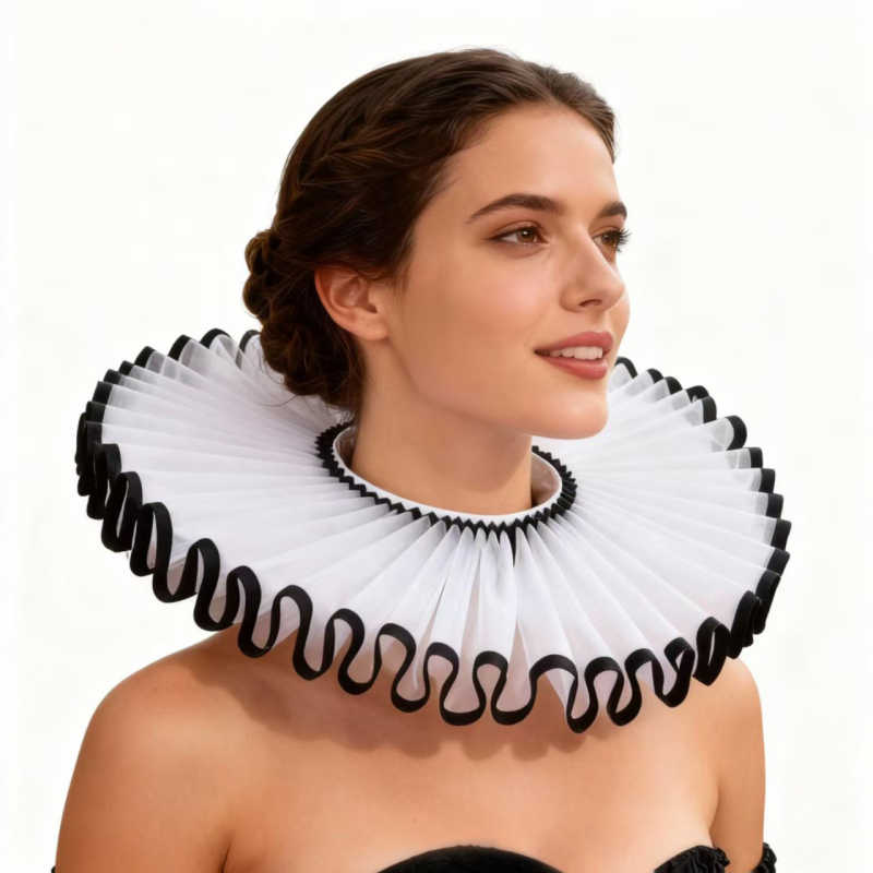 Ruff ovratnik – Elizabethan retro cosplay dodatak, srednjovjekovni renesansni stil, Shakespeareov uzorak, mrežasti materijal, podstava od poliestera, proljeće 2025