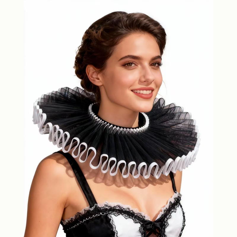Ruff ovratnik – Elizabethan retro cosplay dodatak, srednjovjekovni renesansni stil, Shakespeareov uzorak, mrežasti materijal, podstava od poliestera, proljeće 2025