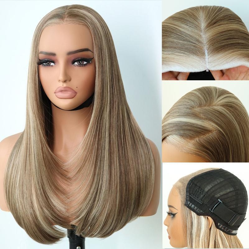 Păr exotic cu Lace-front, păr lung drept, parte la mijloc, țesută manual, fibre termorezistente, model A-270