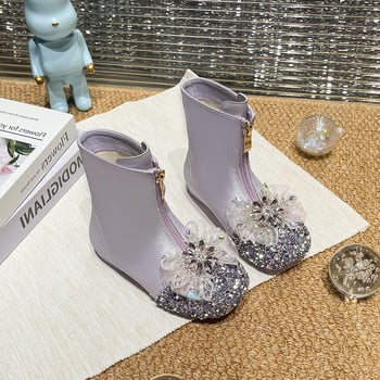 Dievčenské čižmy s kryštálmi – zimné pre dievčatá 4–16 rokov, predný zips, nízky výška vršku, gumová podrážka, protišmykové