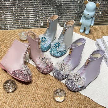 Dievčenské čižmy s kryštálmi – zimné pre dievčatá 4–16 rokov, predný zips, nízky výška vršku, gumová podrážka, protišmykové