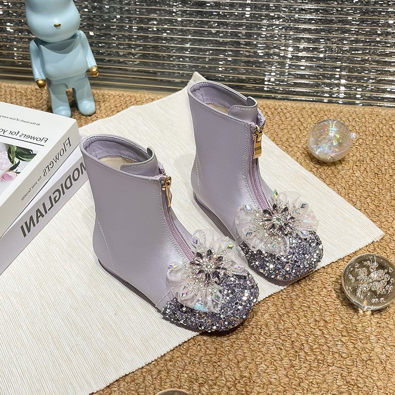 Dievčenské čižmy s kryštálmi – zimné pre dievčatá 4–16 rokov, predný zips, nízky výška vršku, gumová podrážka, protišmykové