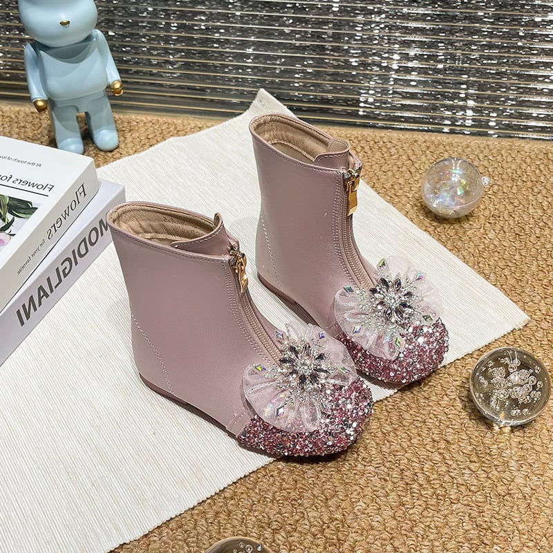 Dievčenské čižmy s kryštálmi – zimné pre dievčatá 4–16 rokov, predný zips, nízky výška vršku, gumová podrážka, protišmykové