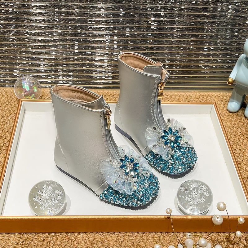 Dievčenské čižmy s kryštálmi – zimné pre dievčatá 4–16 rokov, predný zips, nízky výška vršku, gumová podrážka, protišmykové