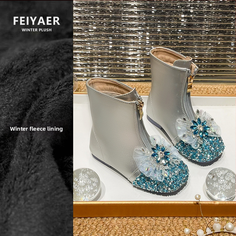 Dievčenské čižmy s kryštálmi – zimné pre dievčatá 4–16 rokov, predný zips, nízky výška vršku, gumová podrážka, protišmykové