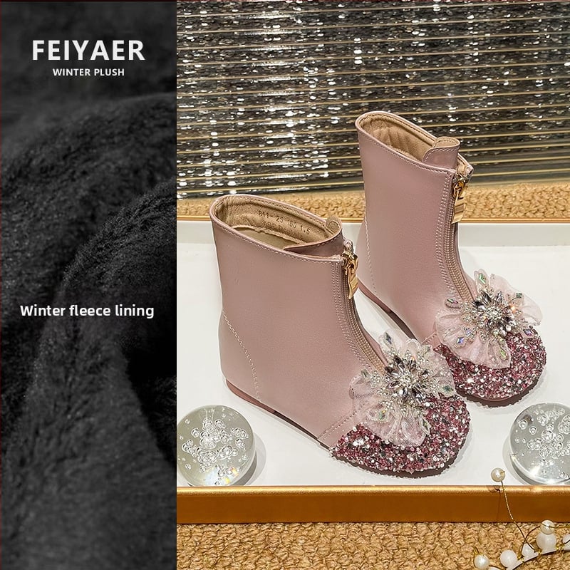 Dievčenské čižmy s kryštálmi – zimné pre dievčatá 4–16 rokov, predný zips, nízky výška vršku, gumová podrážka, protišmykové
