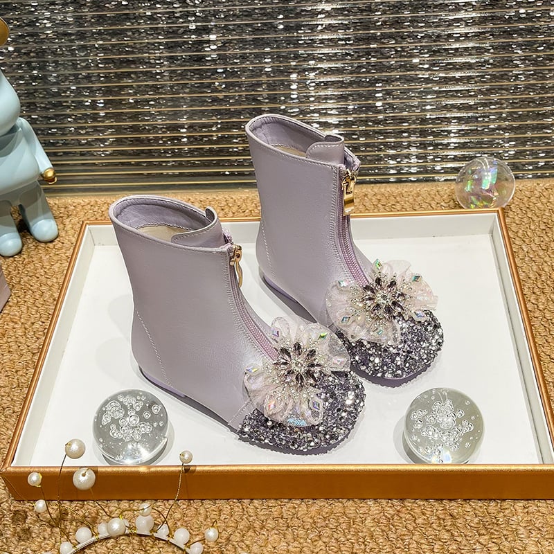 Dievčenské čižmy s kryštálmi – zimné pre dievčatá 4–16 rokov, predný zips, nízky výška vršku, gumová podrážka, protišmykové