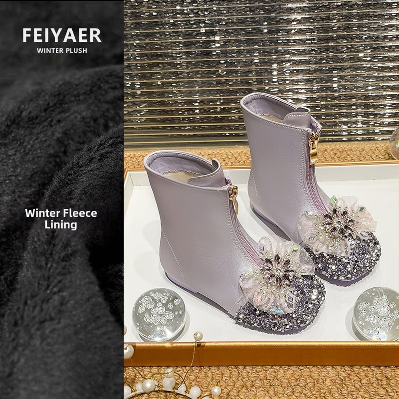 Dievčenské čižmy s kryštálmi – zimné pre dievčatá 4–16 rokov, predný zips, nízky výška vršku, gumová podrážka, protišmykové