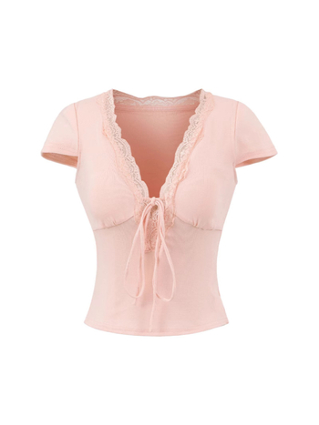 Μπλουζάκι Slim-Fit από Ρέγιόν με V-λαιμό, κοντά μανίκια και δαντελένιες άκρες