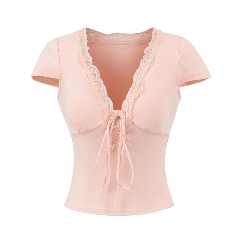 Μπλουζάκι Slim-Fit από Ρέγιόν με V-λαιμό, κοντά μανίκια και δαντελένιες άκρες