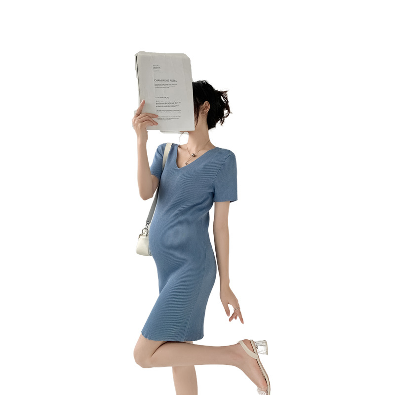 Rochie de maternitate tricotată, decolteu în V, mâneci 3/4, material tricotat, lungime scurtă