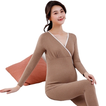 Anyasági termál pizsama készlet fleece béléssel - poliészter anyag, V-nyak, hosszú ujjú, nadrág