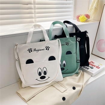 Korejskog stila crossbody torba od platna, velik kapacitet, zatvarač, motiv anime karikatura, podstava od platna
