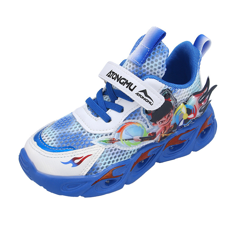 Nezha gyerekek futócipő világítással – hálós felsőrész, Velcro-zárás, EVA talp, légáteresztő, csúszásmentes