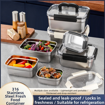 Téglalap alakú 304 rozsdamentes acél élelmiszertároló doboz, hermetikus záródású, hűtő- és fagyasztó használatra; kapacitások: 501–800 ml, 1–2 L, 3.1–4 L