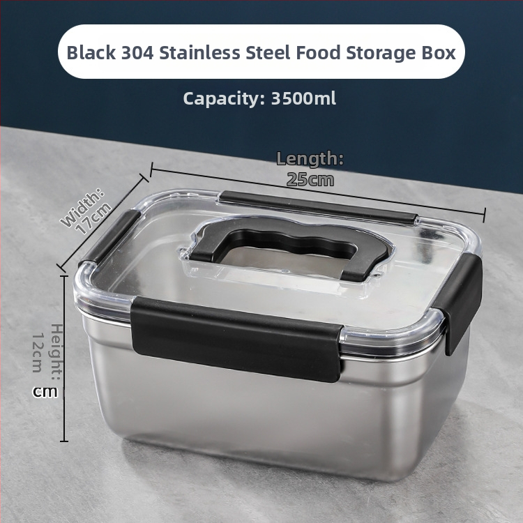 Téglalap alakú 304 rozsdamentes acél élelmiszertároló doboz, hermetikus záródású, hűtő- és fagyasztó használatra; kapacitások: 501–800 ml, 1–2 L, 3.1–4 L