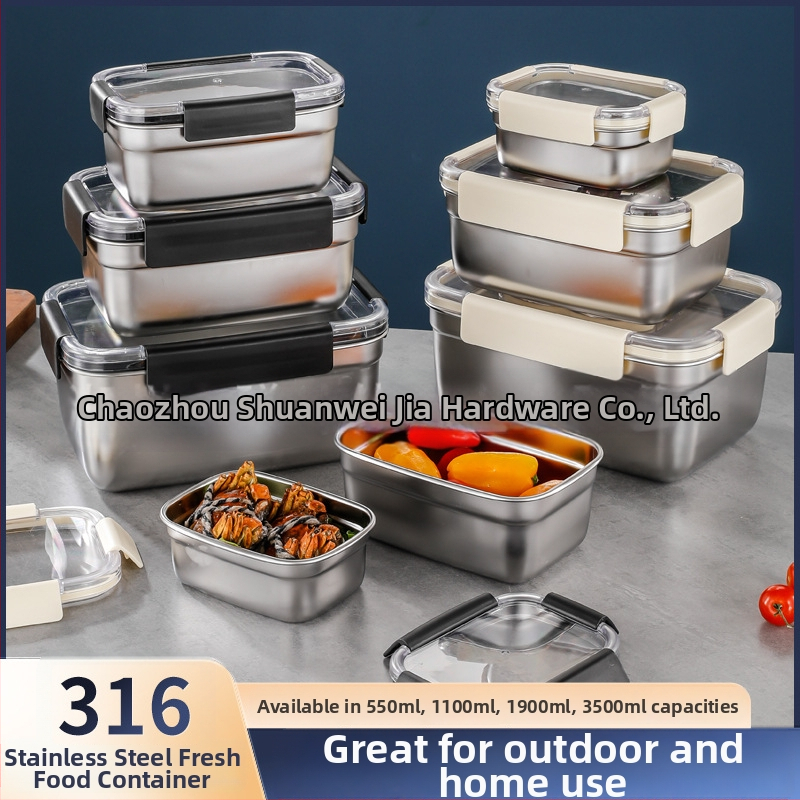 Pravouhlý box na potraviny z 304 nehrdzavejúcej ocele, hermeticky uzatvárateľný, do chladničky/mrazničky; objemy: 501–800 ml, 1–2 L, 3.1–4 L