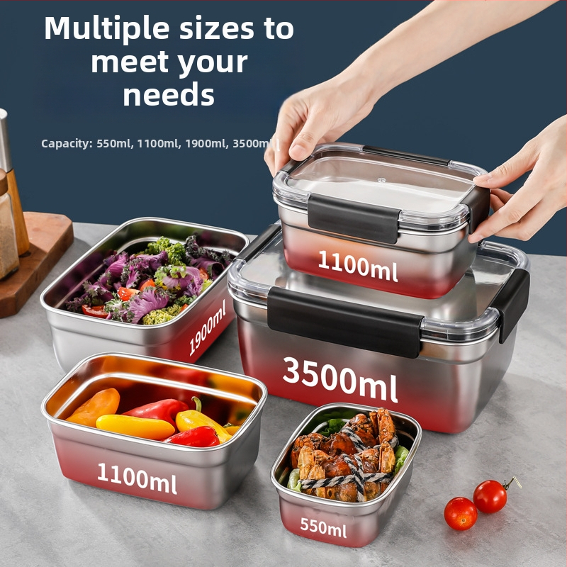 Pravouhlý box na potraviny z 304 nehrdzavejúcej ocele, hermeticky uzatvárateľný, do chladničky/mrazničky; objemy: 501–800 ml, 1–2 L, 3.1–4 L