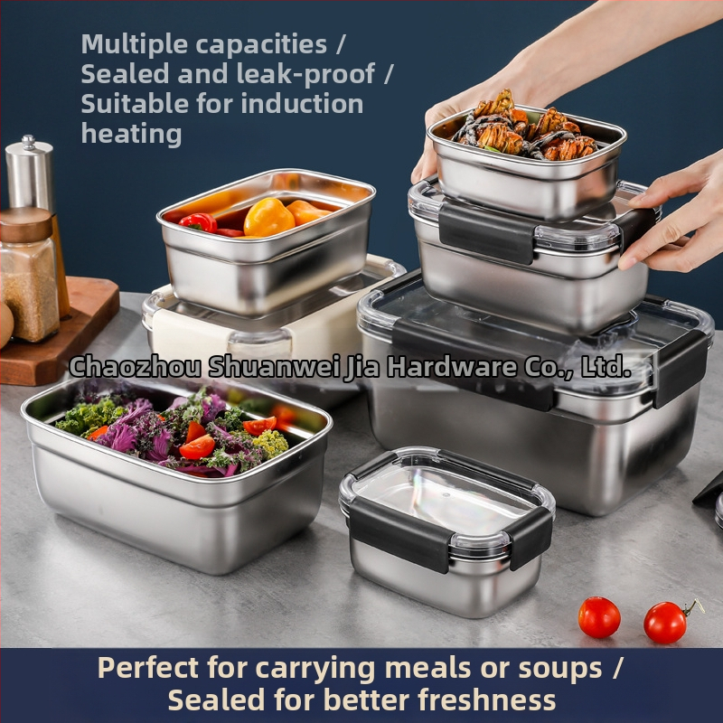 Pravouhlý box na potraviny z 304 nehrdzavejúcej ocele, hermeticky uzatvárateľný, do chladničky/mrazničky; objemy: 501–800 ml, 1–2 L, 3.1–4 L