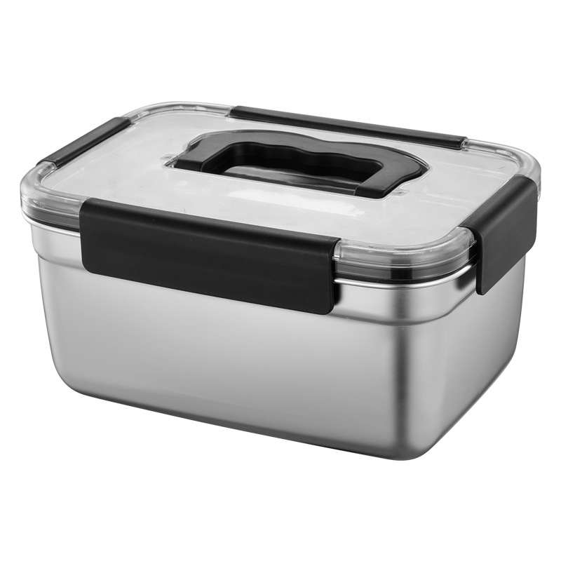 Téglalap alakú 304 rozsdamentes acél élelmiszertároló doboz, hermetikus záródású, hűtő- és fagyasztó használatra; kapacitások: 501–800 ml, 1–2 L, 3.1–4 L