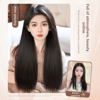 Perucă din trei părți pentru femei cu păr lung drept, stil natural, volum din mătase autohtonă, fără urme vizibile de conectare