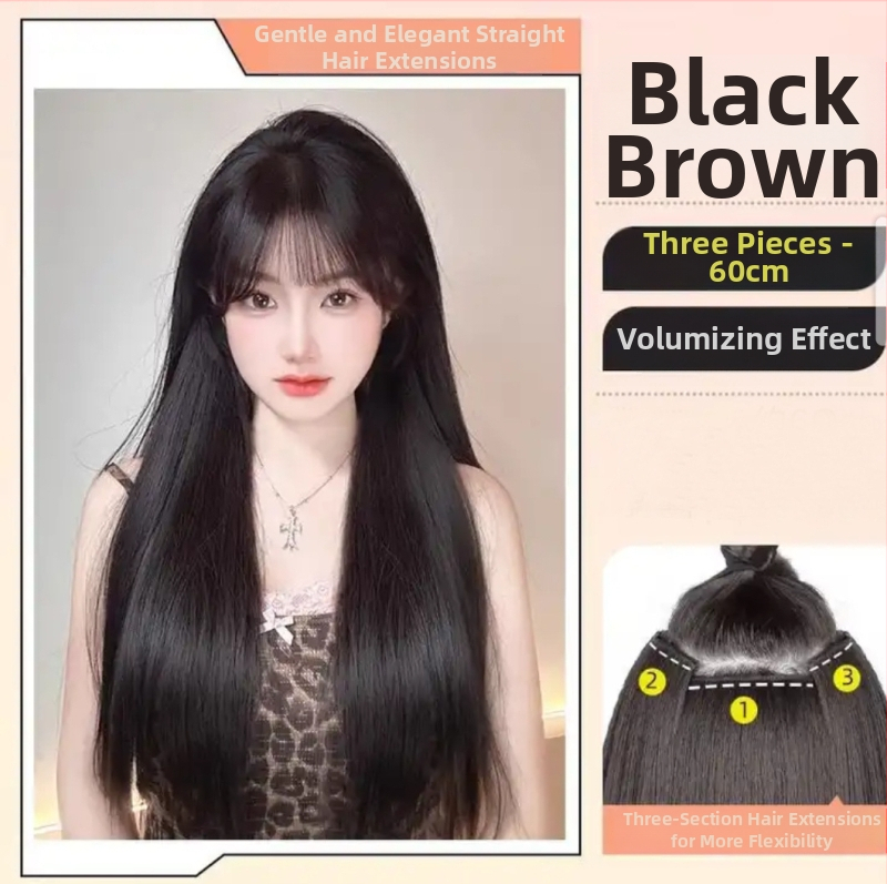 Perucă din trei părți pentru femei cu păr lung drept, stil natural, volum din mătase autohtonă, fără urme vizibile de conectare