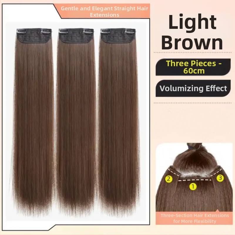 Perucă din trei părți pentru femei cu păr lung drept, stil natural, volum din mătase autohtonă, fără urme vizibile de conectare