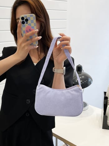 Γυναικεία τσάντα Corduroy μικρού μεγέθους, οριζόντιο τετράγωνο σχήμα, κλείσιμο με φερμουάρ, εσωτερική θήκη για κινητό, επένδυση πολυεστέρα, μονο-ιμάντας ώμου, καλοκαίρι 2025