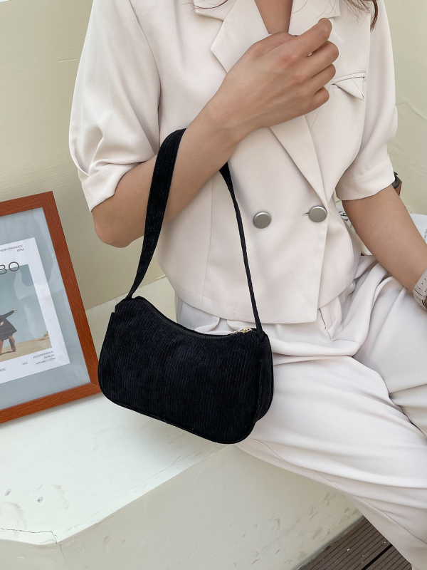 Γυναικεία τσάντα Corduroy μικρού μεγέθους, οριζόντιο τετράγωνο σχήμα, κλείσιμο με φερμουάρ, εσωτερική θήκη για κινητό, επένδυση πολυεστέρα, μονο-ιμάντας ώμου, καλοκαίρι 2025