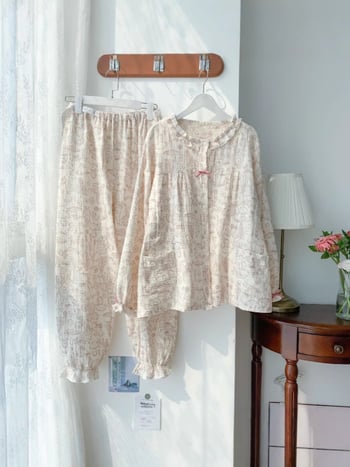 Σετ πυτζάμες για θηλάσμό μετά τον τοκετό, μακριά μανίκια, βαμβάκι 95%+, άνοιξη 2025, οικεία ενδυμασία σε ιαπωνοκορεατικό στυλ