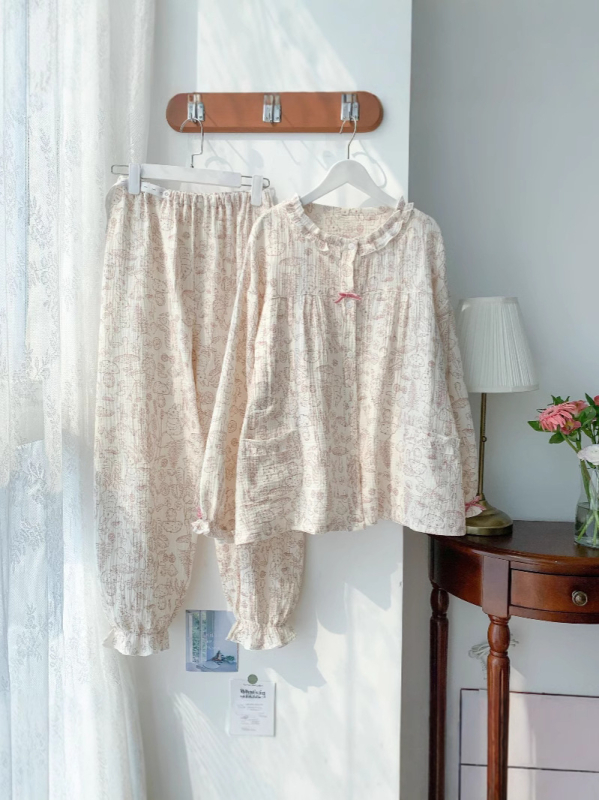 Σετ πυτζάμες για θηλάσμό μετά τον τοκετό, μακριά μανίκια, βαμβάκι 95%+, άνοιξη 2025, οικεία ενδυμασία σε ιαπωνοκορεατικό στυλ