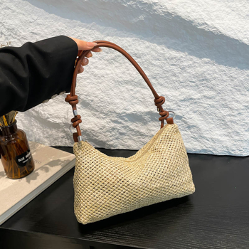 Ručna tkanina ženska Tote torba, gradski stil jednostavnosti, od slame, vodoravni kvadratni oblik, zatvarač, džep za telefon