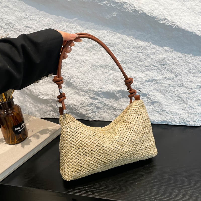 Ručna tkanina ženska Tote torba, gradski stil jednostavnosti, od slame, vodoravni kvadratni oblik, zatvarač, džep za telefon