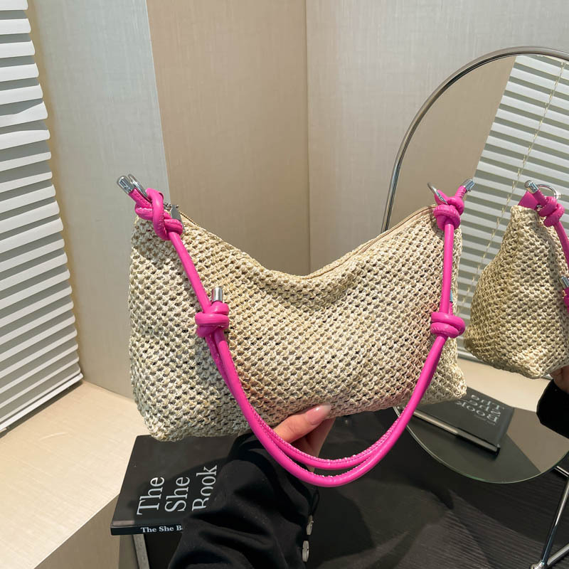 Ručna tkanina ženska Tote torba, gradski stil jednostavnosti, od slame, vodoravni kvadratni oblik, zatvarač, džep za telefon