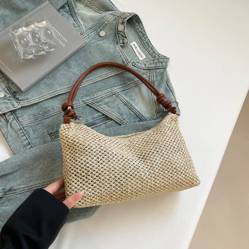 Ručna tkanina ženska Tote torba, gradski stil jednostavnosti, od slame, vodoravni kvadratni oblik, zatvarač, džep za telefon