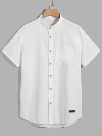 Férfi pamut-keverékből készült rövid ujjú ing, álló gallérral, könnyű és lélegző, egyszínű, mindennapi viselet