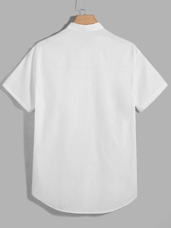 Férfi pamut-keverékből készült rövid ujjú ing, álló gallérral, könnyű és lélegző, egyszínű, mindennapi viselet