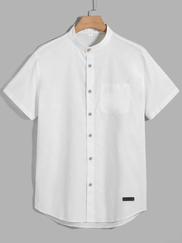 Férfi pamut-keverékből készült rövid ujjú ing, álló gallérral, könnyű és lélegző, egyszínű, mindennapi viselet