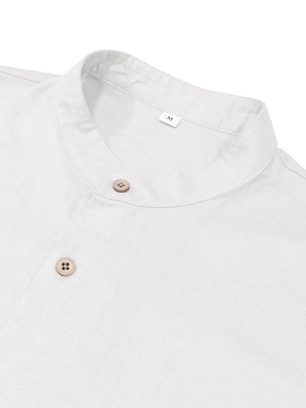 Férfi pamut-keverékből készült rövid ujjú ing, álló gallérral, könnyű és lélegző, egyszínű, mindennapi viselet