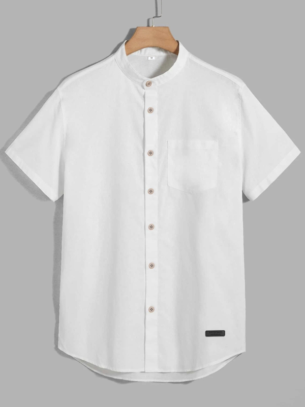 Férfi pamut-keverékből készült rövid ujjú ing, álló gallérral, könnyű és lélegző, egyszínű, mindennapi viselet
