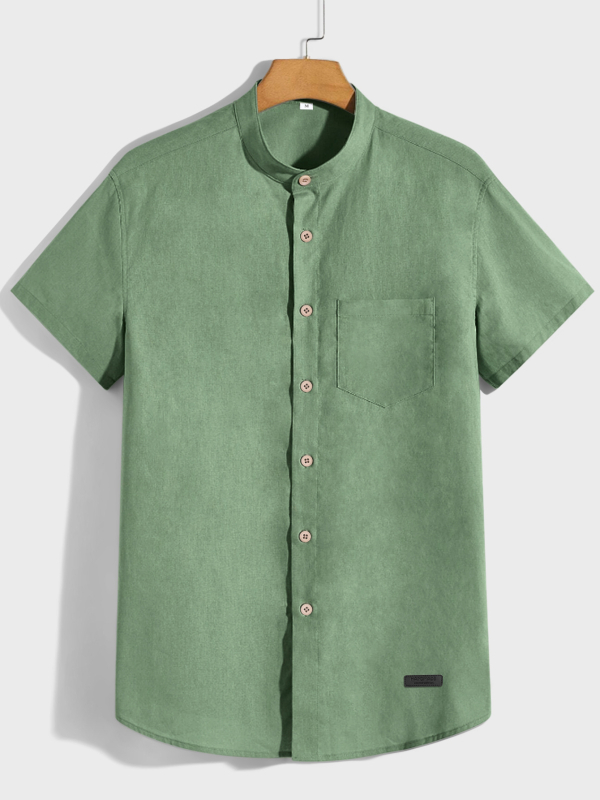 Férfi pamut-keverékből készült rövid ujjú ing, álló gallérral, könnyű és lélegző, egyszínű, mindennapi viselet