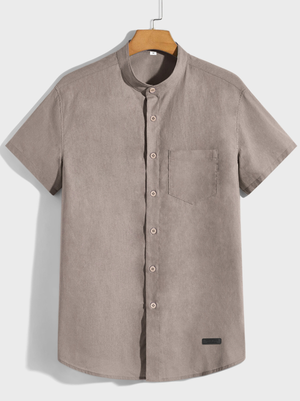 Férfi pamut-keverékből készült rövid ujjú ing, álló gallérral, könnyű és lélegző, egyszínű, mindennapi viselet