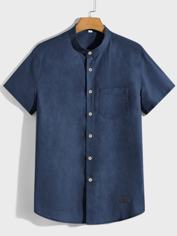 Férfi pamut-keverékből készült rövid ujjú ing, álló gallérral, könnyű és lélegző, egyszínű, mindennapi viselet