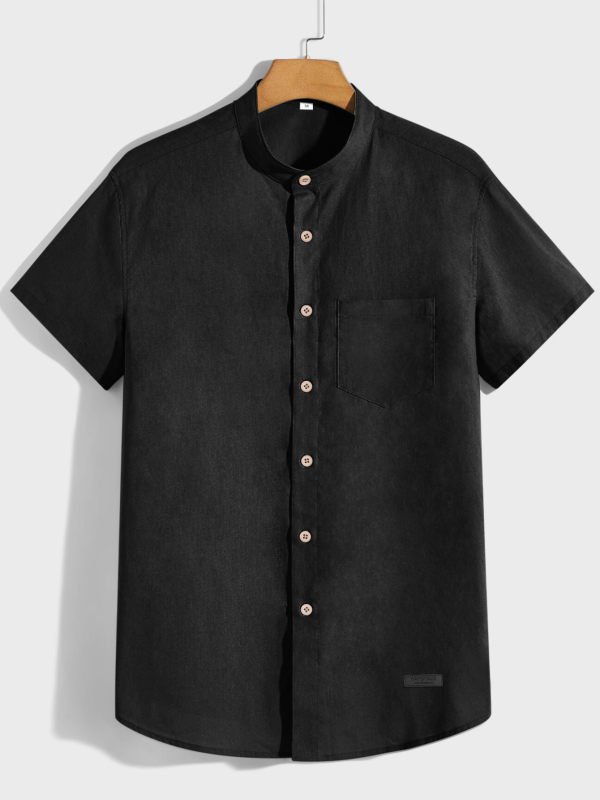 Férfi pamut-keverékből készült rövid ujjú ing, álló gallérral, könnyű és lélegző, egyszínű, mindennapi viselet