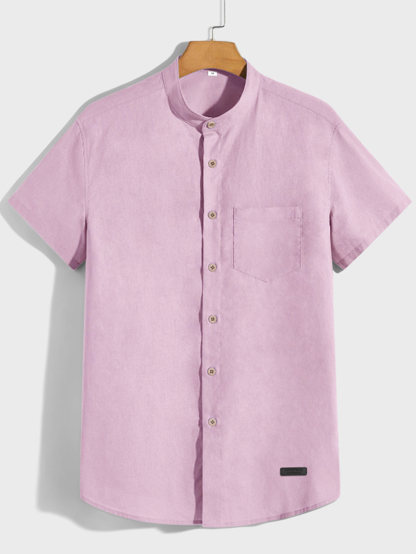 Férfi pamut-keverékből készült rövid ujjú ing, álló gallérral, könnyű és lélegző, egyszínű, mindennapi viselet